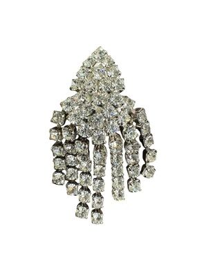 Vintage Rhinestone Fringe Brooch - Clear and Silver Sparkle Art Deco